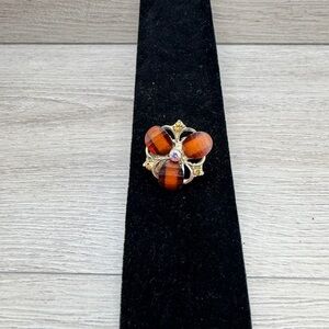 Elegant Gold Tone and Orange Floral Brooch